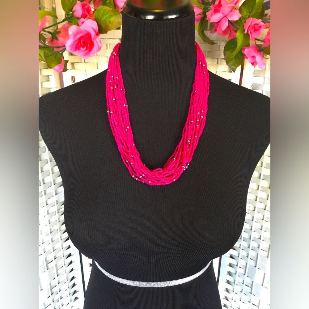 💝See New Listing 💝Fuchsia Seed Bead Seedbead Necklace New - Picture 2 of 4